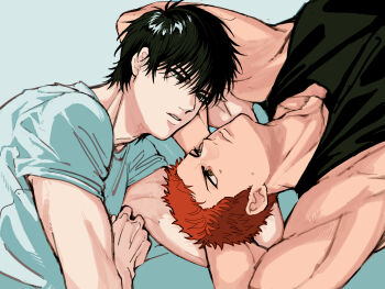 2boys a_nzi_end black_eyes black_hair black_shirt blue_shirt brown_eyes closed_mouth commentary_request highres looking_at_another male_focus multiple_boys parted_lips red_hair rukawa_kaede sakuragi_hanamichi shirt short_hair sideburns simple_background slam_dunk_(series) yaoi