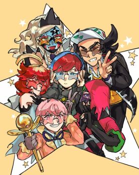 Rule 34 | 3boys, 3girls, ahoge, atticus (pokemon), baseball cap, black gloves, black hair, blonde hair, blue eyes, blue hair, bow, bowtie, closed eyes, collared shirt, detached sleeves, eri (pokemon), facepaint, fingerless gloves, freckles, giacomo (pokemon), glasses, gloves, grey eyes, grey gloves, grey hoodie, hat, headphones, holding, holding staff, homes3eethome, hood, hoodie, jacket, long hair, long sleeves, looking at viewer, mela (pokemon), multicolored hair, multiple boys, multiple girls, nintendo, open clothes, open jacket, open mouth, ortega (pokemon), penny (pokemon), pink hair, pink jacket, pointy hair, pokemon, pokemon sv, purple bow, purple bowtie, purple eyes, red hair, round eyewear, shirt, short hair, simple background, staff, star-shaped eyewear, star (symbol), team star, two-tone hair, upper body, v, vest, white shirt, yellow background, yellow vest