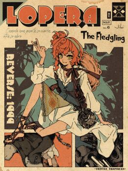 1girl :3 absurdres blue_vest braid brown_sandals bullet buttons coat coat_on_shoulders copyright_name cross-laced_sandals crucible dice english_text foliage full_body green_hairband gun hair_ornament hairband hairclip handgun hat hat_on_back head_out_of_frame highres holding holding_dice holster jiki_(jiki_9) long_hair long_sleeves looking_at_viewer lopera_(reverse:1999) orange_hair reverse:1999 revolver safety_pin sandals shirt shoulder_holster side_ponytail sitting skirt smile solo spanish_commentary spanish_text straw_hat tree vest weapon white_shirt white_skirt yellow_eyes