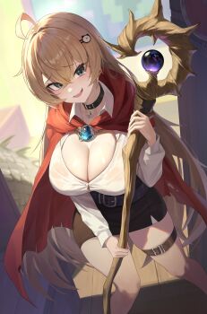 1girl absurdres ahoge belt black_choker black_eyes black_skirt breasts brooch brown_hair button_gap cape choker cleavage collared_shirt commentary_request dress_shirt hair_ornament hairclip highres holding holding_staff jewelry korean_commentary large_breasts long_hair looking_at_viewer miniskirt open_mouth original pencil_skirt red_cape shirt sibo skirt smile solo staff standing tearing_up thigh_belt thigh_strap thighs very_long_hair white_shirt