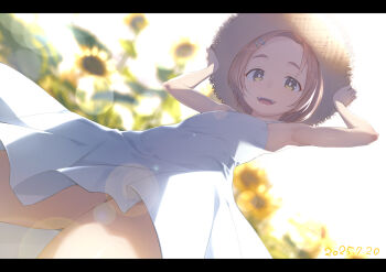 Rule 34 | 1girl, armpits, brown hair, brown hat, commentary request, dated, dress, hair ornament, hairclip, hat, heibonkaeru, highres, idolmaster, idolmaster cinderella girls, letterboxed, open mouth, ryuzaki kaoru, short hair, sleeveless, sleeveless dress, smile, solo, straw hat, teeth, thighs, white dress, yellow eyes