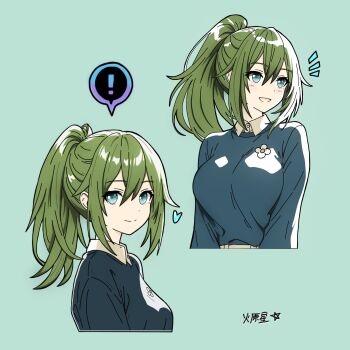 ! 1girl alternate_hairstyle aqua_eyes blue_sweater green_background green_hair heart hibarakirari highres long_sleeves mole mole_under_eye ponytail solo speech_bubble sweater venus_(zenless_zone_zero) zenless_zone_zero