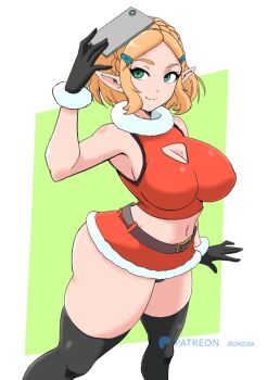 1girl belt black_belt black_gloves black_panties black_thighhighs blonde_hair braid breasts christmas cleavage cleavage_cutout clothing_cutout crown_braid fur-trimmed_gloves fur-trimmed_shirt fur-trimmed_skirt fur_trim gloves green_eyes hair_ornament hairclip large_breasts looking_up midriff momocka-art navel nintendo panties panty_peek pointy_ears princess_zelda red_shirt red_skirt santa_costume shirt short_hair skirt sleeveless sleeveless_shirt smile standing the_legend_of_zelda the_legend_of_zelda:_breath_of_the_wild the_legend_of_zelda:_tears_of_the_kingdom thick_thighs thighhighs thighs underwear white_background wide_hips