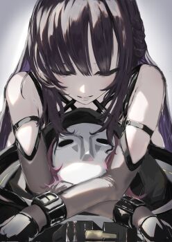 2girls absurdres black_gloves black_hair black_hood closed_eyes commentary elbow_gloves gloves goddess_of_victory:_nikke head_hug highres long_hair mask mihara_(bonding_chain)_(nikke) mihara_(nikke) multiple_girls parted_lips pink_hair spoilers thenami white_mask yuni_(chimera)_(nikke) yuni_(nikke)