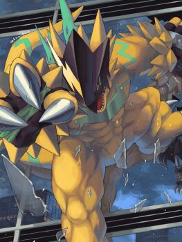 2boys abs absurdres blackwargreymon broken_glass building bulkmon digimon digimon_(creature) fighting fingernails glass highres horn kira_(kira_dra) looking_at_another mask multiple_boys muscular muscular_male open_mouth sharp_fingernails sharp_teeth tail teeth twitter_username window