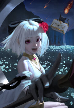 Rule 34 | 1girl, :d, bare shoulders, black bow, black cat, black gloves, black ribbon, bow, breasts, cat, chain, chain necklace, check copyright, commentary, copyright request, detached sleeves, dress, dungeons &amp; dragons, english commentary, fantasy, flower, foreshortening, gem, gloves, gold choker, gold necklace, grass, hair bow, hair flower, hair ornament, highres, holding, holding staff, jewelry, jewelry box, jwei, looking at viewer, meteor, necklace, night, nose, open mouth, original, outdoors, pandora (jwei), plunging neckline, purple eyes, red flower, red gemstone, ribbon, short hair, signature, sitting, sleeve ribbon, sleeveless, sleeveless dress, small breasts, smile, solo, staff, white dress, white flower, white hair, white sleeves