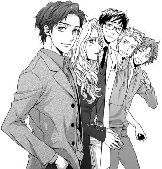 10s 1girl 4boys akuta_michi alex_summers animification bad_id bad_pixiv_id banshee_(x-men) beast_(x-men) charles_xavier collared_shirt eyelashes from_side greyscale hank_mccoy havok marvel monochrome multiple_boys mystique raven_darkholme shirt simple_background standing v-neck wavy_mouth white_background x-men x-men:_first_class x-men_film_series