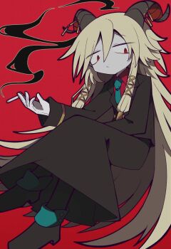 1boy bags_under_eyes blonde_hair cigarette coat collared_shirt curled_horns demon_boy demon_horns funamusea gloves green_necktie hashtag-only_commentary highres holding holding_cigarette horn_piercing horns kyou_(funamusea) long_hair long_sidelocks male_focus necktie red_background red_eyes red_shirt shirt sidelocks smoke smoking solo trench_coat very_long_hair very_long_sidelocks white_gloves x_c_om
