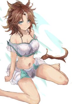 1girl animal_ears bare_shoulders bikini bikini_skirt blue_eyes blush breasts brown_hair cleavage closed_mouth collarbone commentary_request hair_between_eyes horse_ears horse_girl horse_tail large_breasts long_hair looking_at_viewer mejiro_palmer_(umamusume) multicolored_hair navel ponytail sitting skirt solo stomach streaked_hair swimsuit tail umamusume wariza white_bikini white_hair white_skirt yanagi_wakana