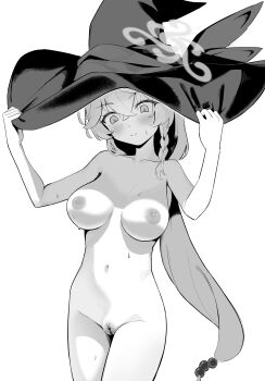 1girl absurdres bar_censor blue_archive blush braid breasts censored closed_mouth completely_nude cowboy_shot diu1 eri_(blue_archive) greyscale hair_between_eyes halo hat hat_tug highres large_breasts long_hair monochrome navel nipples nude pussy side_braid simple_background smile solo stomach white_background witch_hat