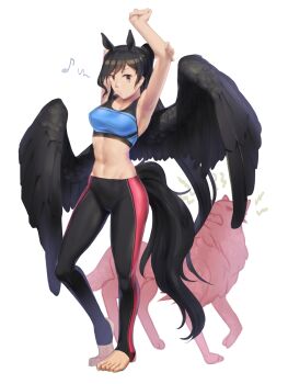 1girl abs alternate_costume animal_ears armpits arms_up barefoot black_hair black_wings blue_sports_bra breasts commentary_request highres horse_ears horse_girl horse_tail kurokoma_saki leggings long_hair medium_breasts midriff musical_note navel pants ponytail shinburu simple_background solo sports_bra sportswear tail toned touhou very_long_hair white_background wings wolf wolf_spirit_(touhou) yoga_pants