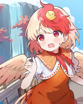 &gt;_&lt; 1girl animal animal_on_head baby_animal bird bird_on_head bird_wings blonde_hair blue_sky blush chick chikuzen1996 cloud commentary_request day dress feathered_wings highres multicolored_hair niwatari_kutaka on_head orange_dress outdoors red_eyes red_hair short_sleeves shrug_(clothing) sky solo sweatdrop touhou two-tone_hair water waterfall wings yellow_wings