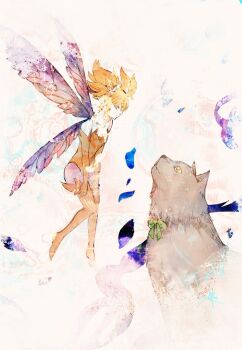 1other animal bare_shoulders cat commentary copyright_name elbow_gloves fairy fairy_wings feo_ul final_fantasy final_fantasy_xiv gloves grey_cat leotard orange_gloves orange_hair orange_leotard orange_thighhighs pantyhose pink_eyes pink_pantyhose pixie_(ff14) pointy_ears purple_wings ruka_(blueplus84) short_hair short_twintails strapless strapless_leotard thighhighs twintails wings