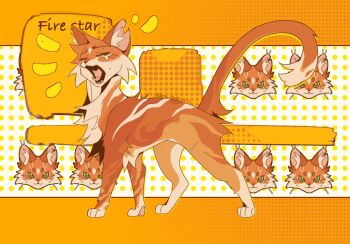 animal animal_focus cat character_name chinese_commentary commentary_request dated firestar_(warrior_cats) from_side full_body green_eyes highres letterboxed looking_at_viewer multiple_views no_humans one_eye_closed open_mouth orange_cat signature solo_focus standing tslena warrior_cats yawning