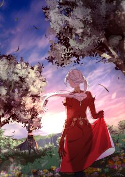Rule 34 | 2girls, a (asan a aa), absurdres, back, back cutout, black shirt, clothes lift, clothing cutout, commentary request, dress, dress lift, dusk, edelgard von hresvelg, edelgard von hresvelg (timeskip), faceless, faceless female, female byleth (fire emblem), field, fire emblem, fire emblem: three houses, flower, flower field, forest, from behind, hand on own face, hashtag-only commentary, highres, holding own dress, lace, lace pantyhose, light rays, long hair, long sleeves, multiple girls, nature, nintendo, outdoors, pantyhose, puffy long sleeves, puffy sleeves, red dress, shirt, short sleeves, side ponytail, sidelocks, white hair