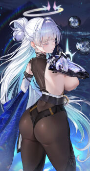 1girl ass bodysuit breasts closed_eyes from_behind g4inrin goddess_of_victory:_nikke halo huge_ass large_breasts long_hair nayuta_(nikke) ponytail sideboob solo very_long_hair white_hair