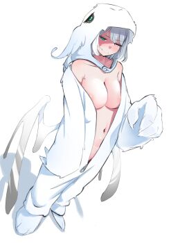 1girl absurdres aqua_eyes areola_slip breasts cleavage collarbone commentary dragon_hood elira_pendora fang female_pubic_hair full_body grey_hair heterochromia highres large_breasts low_wings mole mole_on_breast navel nijisanji nijisanji_en off_shoulder onesie pubic_hair pubic_hair_peek pursed_lips red_eyes skin_fang solo unzipped virtual_youtuber white_background wings yarashi_thought