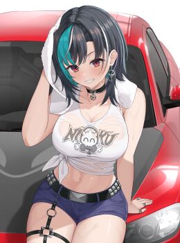 1girl absurdres black_choker black_hair black_shorts breasts car choker cleavage earrings grin highres holding holding_towel hololive hololive_dev_is jewelry large_breasts midriff mole mole_on_neck motor_vehicle multicolored_hair multiple_rings navel red_eyes rindo_chihaya ring shirt short_shorts shorts sitting smile solo streaked_hair thighs tied_shirt towel virtual_youtuber wet wet_clothes wet_shirt yoppy_paint