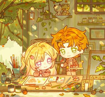 Rule 34 | 1boy, 1girl, :3, absurdres, apple rabbit, bai yang zi, blonde hair, blush stickers, book, bookshelf, brown jacket, brown pants, brown shirt, chibi, chibi only, closed mouth, cup, day, dot nose, drawing (object), food, food art, fruit, green eyes, hair ornament, highres, holding, holding food, jacket, jar, lemon, lemon slice, long hair, long sleeves, open clothes, open jacket, orange hair, original, paint tube, paintbrush, pants, paper, parted bangs, pencil, pink eyes, shirt, short hair, smile, x hair ornament
