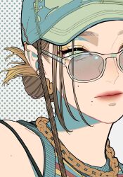 Rule 34 | 1girl, bare shoulders, baseball cap, braid, brown hair, chain necklace, close-up, earrings, expressionless, eyelashes, freckles, glasses, hat, highres, hoop earrings, jewelry, keiko (um7mr1), looking at viewer, makeup, mole, necklace, original, polka dot, polka dot background, side braid, sleeveless, solo, striped clothes, striped sweater, sweater