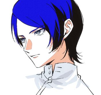 1boy ako_(eanaaati1) blue_hair chinese_commentary closed_mouth commentary_request grey_eyes highres kitagawa_yuusuke looking_to_the_side male_focus parted_bangs persona persona_5 portrait shirt short_hair simple_background solo white_background white_shirt