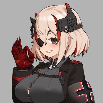 1girl armband azur_lane black_armband black_jacket blonde_hair blush breasts brown_eyes button_gap buttons commentary cosplay cross english_commentary eyepatch fingernails grey_background grin hair_between_eyes hand_up headgear horns iron_cross jacket large_breasts long_sleeves looking_at_viewer mechanical_arms mechanical_horns metal_gear_(series) metal_gear_solid_v:_the_phantom_pain multicolored_hair ok_sign open_clothes open_jacket open_mouth parallelrey prosthesis prosthetic_arm red_hair red_streaks roon_(azur_lane) sharp_fingernails short_hair simple_background single_mechanical_arm smile solo streaked_hair two-tone_hair upper_body venom_snake venom_snake_(cosplay)