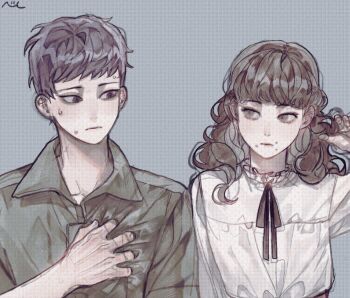 1boy 1girl black_eyes black_hair black_ribbon blue_background brown_eyes brown_hair closed_mouth commentary_request face_piercing fear_&amp;_hunger_(series) fear_&amp;_hunger_2:_termina frilled_shirt_collar frills green_jumpsuit hand_in_own_hair hand_on_own_chest jumpsuit korean_commentary levi_(fear_&amp;_hunger) long_hair looking_at_another marina_(fear_&amp;_hunger) mouth_piercing neck_ribbon nul piercing ribbon shirt short_hair sweat upper_body white_shirt