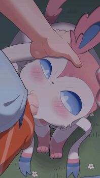 1boy 1girl all_fours animal_ears animated animated_gif bestiality blue_eyes blush censored dakkoku_jiro fellatio feral_penetrated florian_(pokemon) gen_6_pokemon grass hand_on_another&#039;s_head hetero irrumatio mosaic_censoring naranja_academy_school_uniform nintendo oral outdoors penis pokemon pokemon_(creature) pokemon_sv pokephilia standing sylveon tail veins veiny_penis white_fur