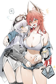 2girls arm_around_another's_back bandaid bandaid_on_face bandaid_on_nose blush breasts camisole cleavage cloak cococococall commentary_request cowboy_shot denim denim_jacket denim_shorts drooling drunk goddess_of_victory:_nikke high_ponytail highres horns jacket korean_commentary large_breasts long_hair mechanical_horns micro_shorts mouth_drool multiple_girls navel official_alternate_costume official_alternate_hairstyle panties ponytail red_hair red_hood_(nikke) red_hood_(retro_days)_(nikke) ribbed_camisole ribbed_panties shorts sidelocks smile snow_white_(nikke) standing thighs underwear very_long_hair white_background white_cloak white_hair yellow_eyes