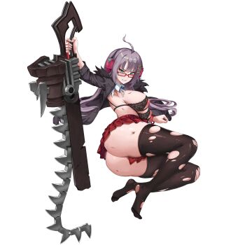 Rule 34 | 1girl, ahoge, aqua eyes, ass, black bra, black jacket, black thighhighs, blush, bra, bracelet, breasts, broken, broken weapon, bruise, bruise on arm, bruise on chest, chainsaw, checkered clothes, checkered skirt, clenched teeth, collared shirt, full body, fur-trimmed jacket, fur trim, glasses, hair ornament, hairclip, haru estia, headphones, highres, holding, holding sword, holding weapon, huge ass, injury, inverted nipples, jacket, jewelry, lace, lace-trimmed bra, lace bra, lace trim, large breasts, last origin, long hair, looking at viewer, lying, miniskirt, nipple cutout, nipples, non-web source, official alternate costume, official alternate eye color, official alternate hair color, official alternate hair length, official alternate hairstyle, official art, on side, open clothes, open jacket, pleated skirt, purple hair, rectangular eyewear, red-framed eyewear, red skirt, shirt, sideboob, simple background, skirt, solo, soulworker, sword, tachi-e, tearing up, teeth, thick thighs, thighhighs, thighs, torn clothes, torn shirt, torn thighhighs, transparent background, u-rix, underboob, underwear, v-shaped eyebrows, weapon, white shirt