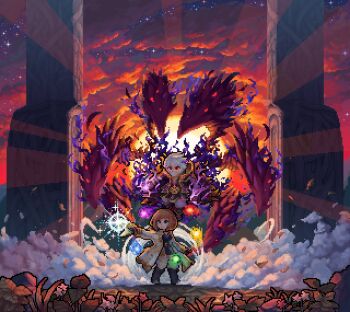 1boy 1girl absurdres aura black_cloak breidablik_(fire_emblem) brown_hair cloak cloud commission female_kiran_(fire_emblem) female_kiran_(fire_emblem)_(evomanaphy) fighting_stance fire_emblem fire_emblem_heroes floating glowing glowing_eyes grass gun highres holding holding_gun holding_weapon kiran_(fire_emblem) male_robin_(fire_emblem) male_robin_(grima)_(fire_emblem) male_robin_(grima)_(resplendent)_(fire_emblem) medium_hair nintendo official_alternate_costume outdoors pixel_art red_eyes riri_5364 sunset weapon white_cloak white_hair wings