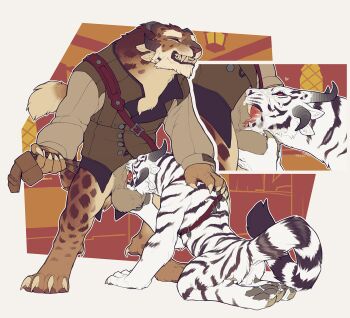 1boy 1girl black_eyes blue_sclera bottomless brown_fur charr_(guild_wars) chest_belt claws clenched_teeth colored_sclera cum cum_in_mouth cum_in_throat cum_on_body digitigrade drinking dripping erection facial fellatio fluffy furry furry_female furry_male furry_with_furry groping guild_wars_(series) heart highres horns indoors jacket kneeling long_sleeves multiple_views nude oral orgasm penis pussy red_eyes red_sclera sex sharp_teeth simple_background snowskau spotted_fur swallowing tail teeth testicles tiger_stripes tongue tongue_out white_fur window