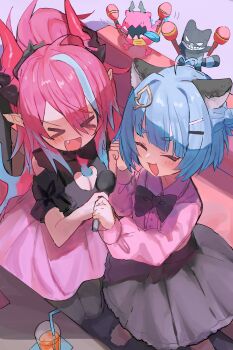 Rule 34 | > <, 2girls, :3, absurdres, ahoge, alternate costume, animal ears, aqua hair, black bow, black shirt, black skirt, blue hair, blue tongue, blush, bow, byou (vfyk8337), chromashift, cleavage cutout, closed eyes, clothing cutout, collared shirt, colored tongue, commentary, commission, english commentary, eyelashes, fandit (poko rakun), fang, grin, hair between eyes, hair bun, hair intakes, hair ornament, hairclip, heart, heart ahoge, highres, holding, holding hands, holding instrument, holding maracas, holding microphone, horns, instrument, kai saikota, kamisito (kai saikota), karaoke, leaf hair ornament, long hair, long sleeves, maracas, microphone, motion lines, multicolored hair, multiple girls, music, open mouth, pink shirt, pink skirt, pointy ears, poko rakun, ponytail, raccoon ears, raccoon girl, red hair, second-party source, shirt, short sleeves, shoulder cutout, sidelocks, singing, single side bun, skirt, smile, streaked hair, teeth, tongue, tongue out, virtual youtuber