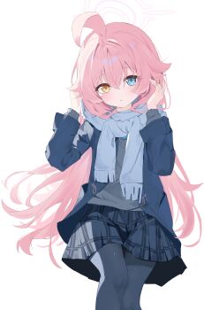 1girl absurdres ahoge aqua_scarf blue_archive blue_eyes blue_jacket blue_pantyhose blue_skirt blush chinese_commentary chromatic_aberration commentary eyes_visible_through_hair feet_out_of_frame grey_sweater hair_between_eyes halo hands_up highres hoshino_(blue_archive) hoshino_(second_year)_(blue_archive) jacket layered_sleeves long_hair long_sleeves looking_at_viewer open_clothes open_jacket pantyhose parted_lips pink_hair pink_halo plaid_clothes plaid_skirt scarf simple_background skirt solo sweater very_long_hair white_background yellow_eyes zizhucan