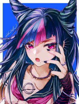 1girl :o black_hair black_nails black_sailor_collar blue_background blue_hair commentary danganronpa_(series) danganronpa_2:_goodbye_despair face_piercing fingerless_gloves gloves grey_shirt hair_horns hand_up highres jewelry long_hair mioda_ibuki mouth_piercing nail_polish neckerchief piercing pink_eyes pink_hair pink_neckerchief rhinn_ix ring sailor_collar shirt solo symbol-only_commentary white_hair