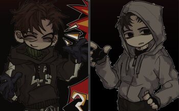 ! !! 2boys ? afraid_of_monsters bags_under_eyes black_eyes black_hair black_hoodie black_shirt brown_hair closed_eyes cry_of_fear david_leatherhoff fingerless_gloves gloves grey_hoodie hand_on_own_hip head_tilt hood hood_up hoodie ju-san male_focus messy_hair multiple_boys open_mouth outline outstretched_arms print_hoodie shirt simon_henriksson smile split_screen spoken_question_mark spread_fingers teeth turtleneck upper_body upper_teeth_only white_outline