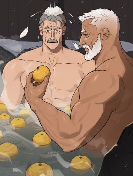 2boys bara beard closed_mouth commentary facial_hair food fruit full_beard grey_hair highres holding holding_food holding_fruit looking_at_object male_focus mature_male multiple_boys muscular muscular_male mustache nude old old_man onsen open_mouth orange_(fruit) original outdoors pectorals sa1k0p short_hair smile snowball surprised symbol-only_commentary thick_eyebrows upper_body white_hair wide-eyed