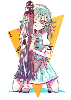 commentary dress english_commentary geta green_dress green_hair karakasa_obake kneeling looking_at_viewer one-hour_drawing_challenge one_eye_closed red_eyes short_hair signature smile tatara_kogasa touhou traditional_youkai tsuru_(nekopanchi) umbrella white_background