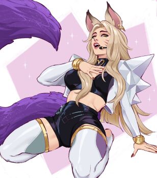 Rule 34 | 1girl, ahri (league of legends), animal ears, black shirt, black shorts, breasts, choker, commentary, english commentary, facial mark, fox ears, fox girl, fox tail, green (greeniris), grey thighhighs, heart, heart background, highres, k/da unbound ahri, large breasts, league of legends, long hair, looking at viewer, midriff, nail polish, open mouth, red nails, shirt, short shorts, shorts, sitting, solo, sparkle, tail, thighhighs, wariza, whisker markings, white thighhighs, yellow eyes