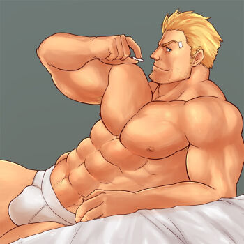 1boy abs bandaid bandaid_on_face bara bare_pectorals beard_stubble biceps blonde_hair bulge cid_highwind cigarette closed_mouth commentary_request facial_hair final_fantasy final_fantasy_vii holding holding_cigarette lying magnum_feering male_focus male_underwear muscular muscular_male navel nipples on_bed on_side pectorals smile stubble swept_bangs underwear white_male_underwear