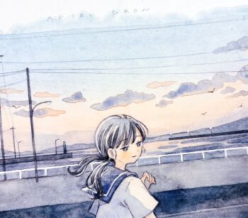 1girl bird black_eyes black_hair blue_sailor_collar blue_sky chyoma closed_mouth cloud floating_hair from_side gradient_sky guard_rail hand_up hashtag-only_commentary highres lamppost looking_to_the_side mountainous_horizon orange_sky original painting_(medium) power_lines road sailor_collar sailor_shirt shirt sky smile solo sunset swept_bangs title traditional_media twintails upper_body utility_pole water watercolor_(medium) white_shirt