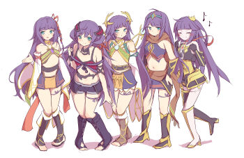 5girls absurdres blue_eyes crowned_by_the_world_chalice duel_monster evolution flat_chest full_body galatea_the_orcust_automaton highres ib_(yu-gi-oh!) ib_the_world_chalice_justiciar kanzakietc knightmare_corruptor_iblee lee_(yu-gi-oh!) lib_the_world_key_blademaster multiple_girls multiple_persona navel purple_hair robot_girl standing white_background yu-gi-oh!