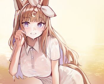 +_+ 1girl almond_eye_(umamusume) animal_ears blue_eyes blush bow bow_hairband breasts brown_hair collared_dress colored_inner_hair dress hair_between_eyes hairband horse_ears horse_girl horse_tail large_breasts long_hair looking_at_viewer multicolored_hair open_mouth solo solokitsune symbol-shaped_pupils tail umamusume wet wet_clothes wet_dress white_dress white_hairband x-shaped_pupils