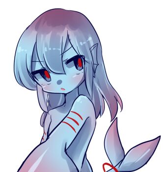 Rule 34 | 1girl, animal ears, blue eyes, blue hair, blue sclera, blue skin, blush, colored sclera, colored skin, female focus, filet (kai himo), fins, gills, gradient hair, head fins, head tilt, kai himo, looking away, monster girl, multicolored hair, nude, original, parted lips, pink hair, red pupils, simple background, solo, tail, upper body, white background