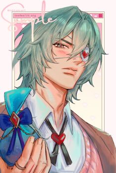 Rule 34 | 1boy, anaxa (honkai: star rail), bag, blush, cardigan, closed mouth, commentary, eyepatch, green hair, highres, holding, holding bag, honkai: star rail, honkai (series), incoming gift, looking at viewer, male focus, nokkusuart, pink cardigan, sample watermark, shirt, short hair, solo, twitter username, upper body, watermark, white shirt