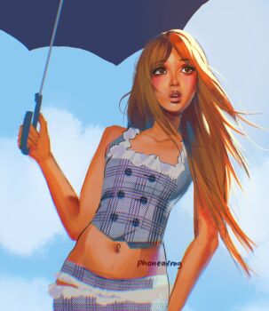 1girl arm_behind_back blue_sky brown_eyes brown_hair buttons chromatic_aberration cloud commentary cowboy_shot dark-skinned_female dark_skin eyelashes fashion floating_hair frilled_skirt frilled_vest frills from_below grey_skirt grey_vest highres holding holding_umbrella lips long_hair midriff modeling navel navel_piercing open_mouth parted_bangs parted_hair phoneafrog piercing pinkpantheress plaid_clothes plaid_shirt plaid_vest real_life shirt sidelighting skirt sky sleeveless square_neckline straight_hair sunlight symbol-only_commentary teeth umbrella unfinished upper_teeth_only vest