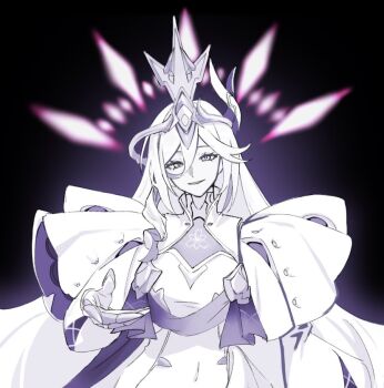 1girl arabian_clothes bear_hair_ornament formal_clothes gem_on_head gloves hair_between_eyes hair_ornament misteln_schariac honkai_(series) honkai_impact_3rd logo long_hair long_sleeves looking_at_viewer multicolored_hair open_hand open_mouth sho_2nini smile solo streaked_hair suit upper_body white_hair white_sleeves white_suit white_uniform