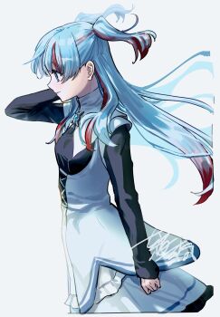 1girl black_shirt blue_eyes blue_gemstone blue_hair chest_jewel chtholly_nota_seniorious cleavage_cutout clothing_cutout collared_dress commentary_request dress facing_to_the_side floating_hair frilled_dress frills gem grey_background hair_between_eyes hair_over_shoulder hand_in_own_hair hand_on_own_head highres light_smile long_hair long_sleeves looking_to_the_side multicolored_hair nanao_itsuki parted_bangs profile red_hair shirt shirt_under_dress shuumatsu_nani_shitemasu_ka? signature simple_background sleeveless sleeveless_dress solo streaked_hair striped_clothes striped_dress turtleneck turtleneck_dress two-tone_hair two_side_up upper_body very_long_hair white_dress