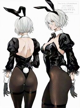 1girl 2b_(nier:automata) alternate_costume animal_ears ass back black_bow black_bowtie black_gloves black_hairband black_leotard black_sleeves blue_eyes bow bowtie breasts commentary detached_collar detached_sleeves english_commentary fake_animal_ears feather-trimmed_sleeves feet_out_of_frame fishnet_pantyhose fishnets from_behind from_side gloves grey_hair hairband highres juliet_sleeves leotard long_sleeves looking_at_viewer medium_breasts mole mole_under_mouth multiple_views nier:automata nier_(series) nishiii26miii pantyhose playboy_bunny profile puffy_sleeves rabbit_ears rabbit_tail shiny_clothes shiny_leotard short_hair tail thigh_gap wrist_cuffs