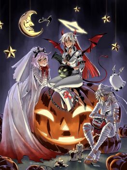 3girls artist_name ball_and_chain_restraint bandaged_arm bandaged_chest bandaged_head bandaged_leg bandaged_neck bandaged_wrist bandages bat_wings belt black_belt black_hairband black_shoes blonde_hair blood blood_on_clothes bloody_bandages bloody_clothes bloody_dress blue_eyes bodysuit breasts bridal_veil candle candle_wax chain cleavage cleavage_cutout clothing_cutout crescent_moon cross cross_necklace dark-skinned_female dark_skin demon demon_costume demon_horns demon_tail demon_wings dorpos dress elphelt_valentine ghost_costume gloves gradient_background grey_bodysuit guilty_gear guilty_gear_xrd hairband halloween halloween_costume halo hanging_star highres horns irene_koh jack-o&#039;-lantern jack-o&#039;_valentine jewelry long_hair lucifero_(guilty_gear) magehound medium_breasts moon multicolored_hair multiple_bandages multiple_girls mummy mummy_costume necklace orange_eyes pumpkin ramlethal_valentine red_eyes sharp_teeth shoes short_hair signature sitting sitting_on_object spiked_halo tail teeth two-tone_gloves two-tone_hair veil wedding_dress white_hair wings yellow_halo